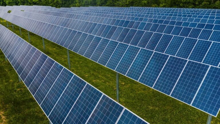 Rangées de panneaux photovoltaïques dans une centrale solaire isolée
